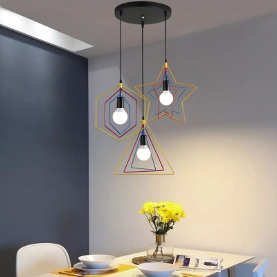 Dining Room Wire Frame Pendant Light Metal 3 Lights Industrial Black Ceiling Lamp with Linear/Round Canopy