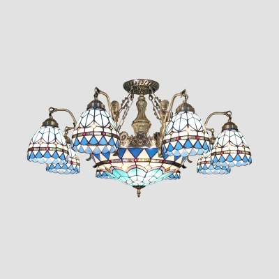 Dome Shade Pendant Lamp 7/9 Lights Tiffany Style Nautical Chandelier with Mermaid for Living Room