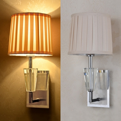 Fabric Fold Drum Wall Lamp with Crystal Villa Stair 1 Light Modern Sconce Wall Light in White