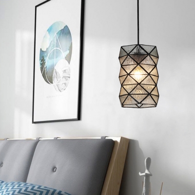 Foyer Cylinder Shade Hanging Lamp Glass Panel Single Light Antique Style Pendant Light