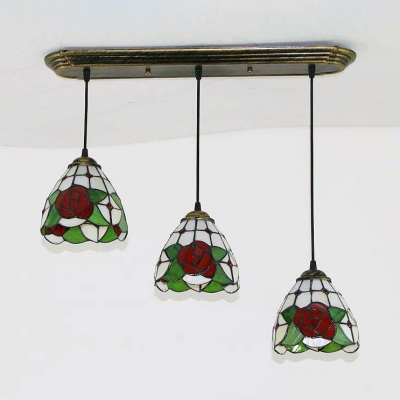 Glass Bell/Domed Shade Hanging Light 3 Heads Tiffany Style Pendant Light in Aged Brass for Hallway