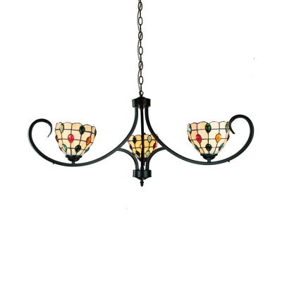 Glass Bowl Suspension Light 3 Lights Tiffany Style Chandelier with Colorful Jewelry for Foyer