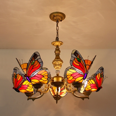 Glass Butterfly Pendant Light 5 Lights Tiffany Style Rustic Blue/Colorful/Red/White Chandelier