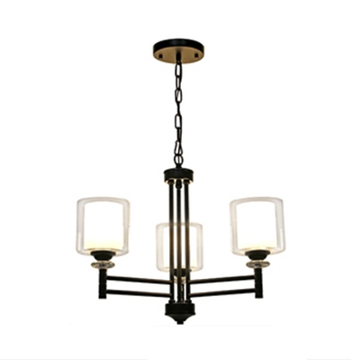 Glass Cylinder Pendant Lamp with Crystal 3/6 Lights Traditional Hanging Light in Black/Gold for Balcony