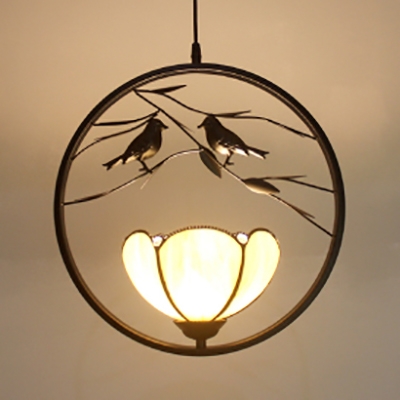 Glass Dome Pendant Light Study Room 1 Light Rustic Style Hanging Light with Bird in Black