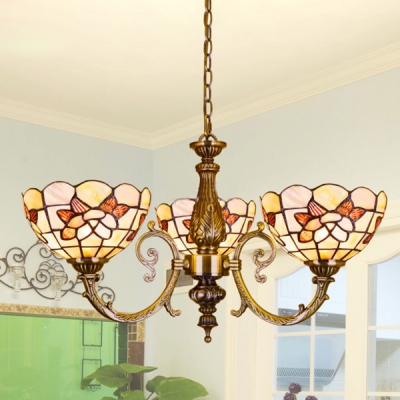 Glass Dome Shade Ceiling Light with Red/Blue Flower Bedroom 3/8 Lights Tiffany Style Chandelier