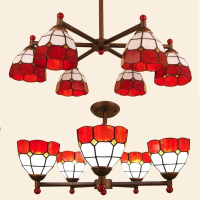 Glass Dome Shade Hanging Light 5 Lights Tiffany Style Rustic Style Chandelier in Blue/Orange/Yellow for Shop