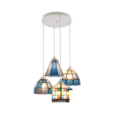 Glass Round Canopy Pendant Light 4 Lights Mediterranean Style Hanging Light for Living Room