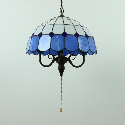 Glass Umbrella Shade Suspension Light with Pull Chain Vintage Hanging Light in Blue for Hotel