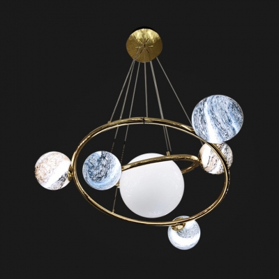 Gold Circle Suspension Light with Sphere Shade 7 Lights Creative Glass Metal Chandelier for Cafe