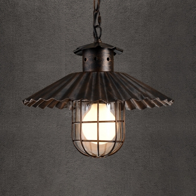 Industrial Scalloped Edge Pendant Light with Wire Frame 1 Light Brown Pendant Lamp for Bar Cafe