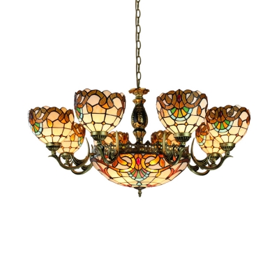Hotel Dome Shade Suspension Light Stained Glass 11 Lights Tiffany Style Chandelier