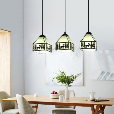 House Dining Table Hanging Light with Deer Glass 3 Lights Rustic Style Island Lamp in Black & White