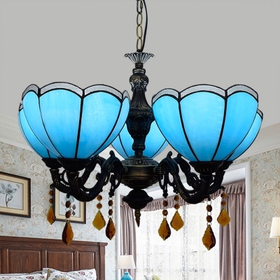 Mediterranean Style Bowl Chandelier Glass 5 Lights Blue Hanging Light with Crystal for Cafe
