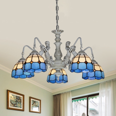 Mediterranean Style Dome Chandelier with Mermaid 5 Lights Stained Glass Pendant Light in Aged Brass/White for Bedroom
