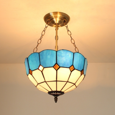 Mediterranean Style Domed Pendant Light Art Glass Chandelier in Blue for Bedroom Hallway