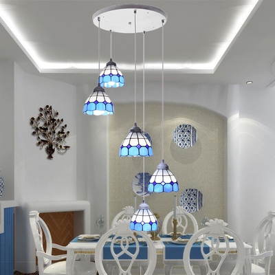 Mediterranean Style Lattice Dome Pendant Lamp Art Glass 5 Lights Blue Ceiling Light for Living Room