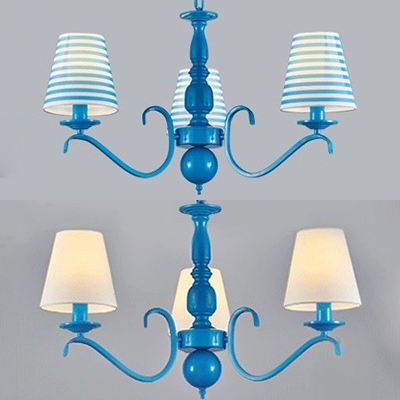 Mediterranean Style Tapered Shade Chandelier 3 Lights Fabric Pendant Lamp in Blue/White for Bedroom