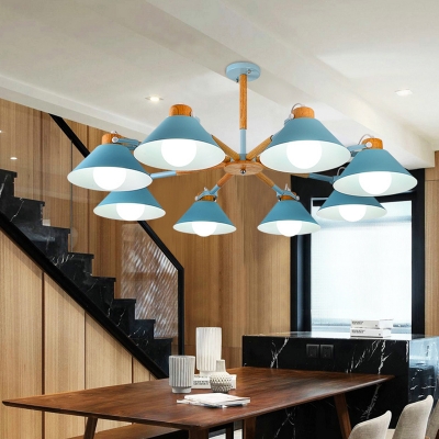 Metal Conical Hanging Light Living Room 8 Lights Modern Angle Adjustable Chandelier in Macaron White/Green/Blue