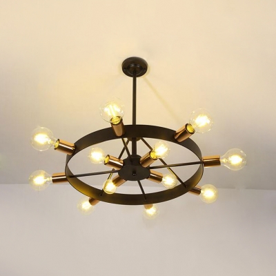 Metal Ring Pendant Lamp 12 Lights American Rustic Chandelier in Black for Living Room