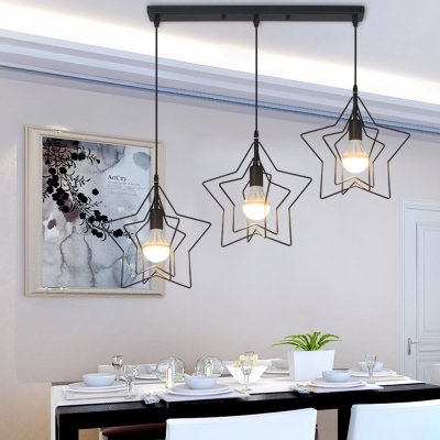 Metal Star Wire Frame Ceiling Light Dining Room 3 Lights Vintage Linear/Round Canopy Pendant Lamp in Black