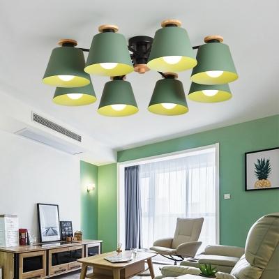 Metal Tapered Semi Ceiling Mount Light Living Room 8 Lights Modern Overhead Light in Green/Gray