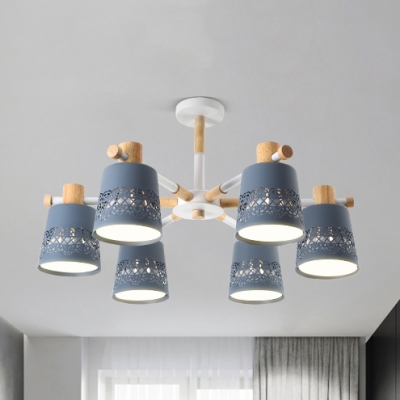 Metal Tapered Shade Chandelier Nursing Room 6 Lights Nordic Style Candy Colored Pendant Light