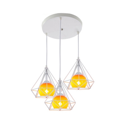 Modern Sphere Ceiling Pendant with Diamond Cage Metal 3 Lights Blue/Orange/Yellow Hanging Light for Shop