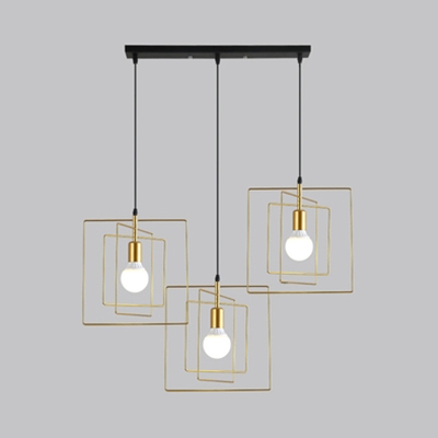 Modern Wire Frame Pendant Lamp 3 Lights Metal Linear/Round Canopy Ceiling Light in Gold for Bedroom