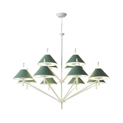 Nordic Style Conical Hanging Light 6/8/12 Lights Metal Chandelier in Green/White for Hotel