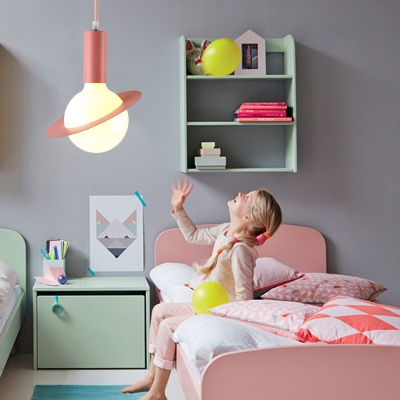 Nordic Style Planet Hanging Light 1 Head Frosted Glass Suspension Light for Girls Bedroom