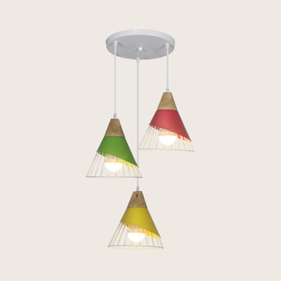 Restaurant Cone Ceiling Lamp with Wire Frame Wood 3 Lights Nordic Style Linear/Round Canopy Hanging Light