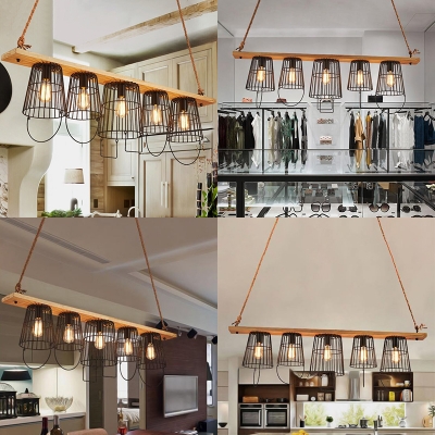 Retro Loft Bucket Caged Island Pendant Edison Bulb 5 Lights Black Island Light for Restaurant Cafe