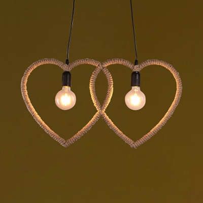 Rope Two Hearts Pendant Light 2 Lights Antique Style Hanging Lamp in Beige for Shop Bar