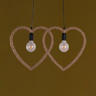 Rope Two Hearts Pendant Light 2 Lights Antique Style Hanging Lamp in Beige for Shop Bar