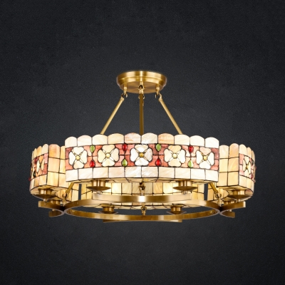 

Round Living Room Chandelier with Flower Stained Glass 8 Lights Tiffany Style Hanging Light in Beige, HL528824