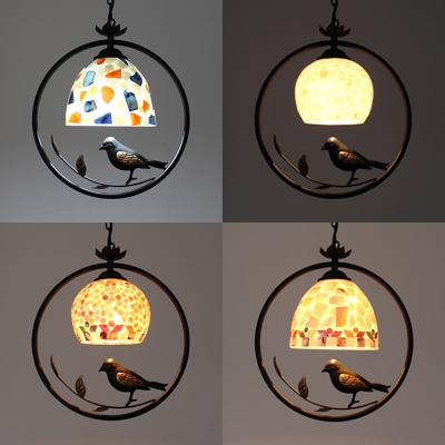 Shell Dome/Globe Pendant Light 1 Light Rustic Style Hanging Lamp with Bird for Restaurant