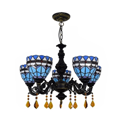 Stained Glass Dome Chandelier Light Foyer 5 Lights Mediterranean Style Pendant Lamp in Blue