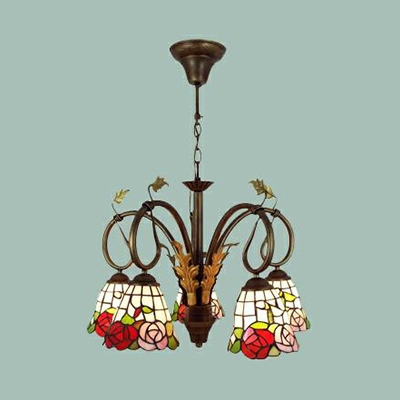 Stained Glass Flower Chandelier with Leaf 5 Lights Tiffany Style Pendant Light for Dining Room