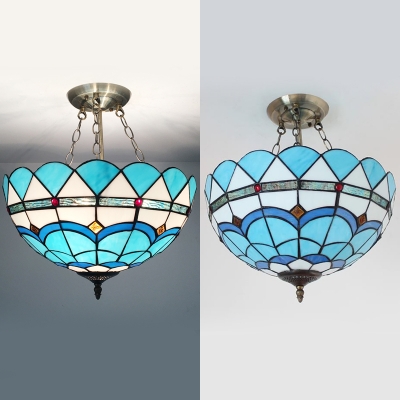 Stained Glass Peacock Tail Chandelier Tiffany Style Nautical Pendant Lamp in Blue for Foyer