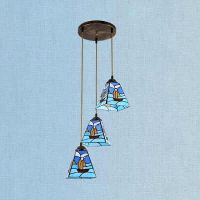 Stained Glass Ship Hanging Light with Craftsman Shade 3 Lights Nautical Style Island Pendant in Blue for Kitchen
