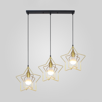 Star Cage Restaurant Pendant Lamp Metal 3 Lights Antique Linear/Round Canopy Ceiling Light in Gold