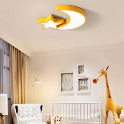 Star & Moon LED Flush Mount Light Nordic Metal Macaron Colored Ceiling Fixture in Warm/White for Bedroom