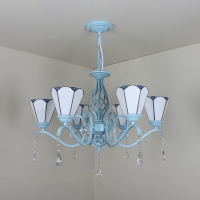 Tiffany Style Cone Chandelier with Crystal Blue/Clear/White Glass 6 Lights Hanging Lamp for Dining Room