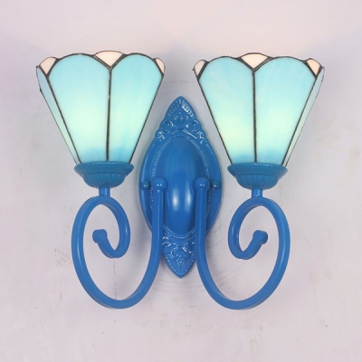 Tiffany Style Cone Wall Sconce Blue/White Glass 2 Lights Wall Light for Study Room Stair