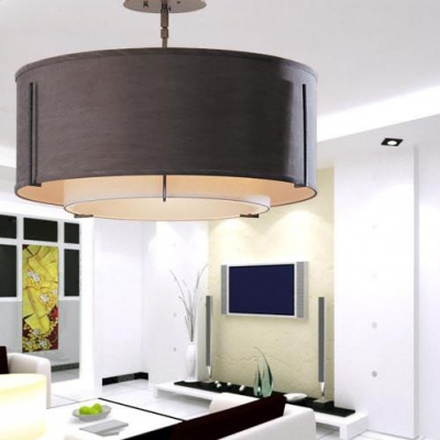 Traditional Round Shade Semi Ceiling Mount Light 3 Lights Fabric Ceiling Fixture in Black for Bedroom