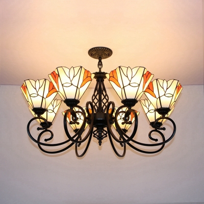 Villa Hotel Conical Pendant Light Stained Glass 8 Lights Tiffany Style Rustic Chandelier