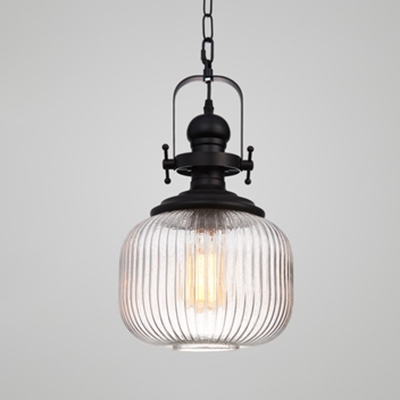 Vintage Black Pendant Light with Cylinder/Oval Shade 1 Light Fluted Glass Hanging Lamp for Bathroom