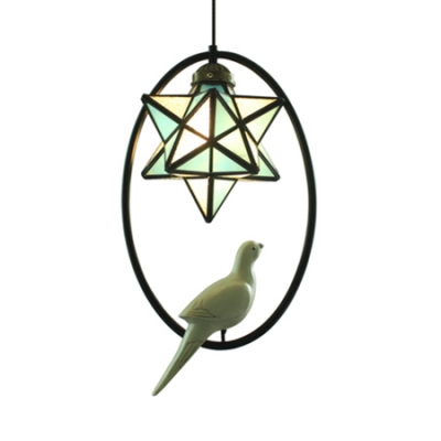 Vintage Star Pendant Light with Resin Bird Glass 1 Light Black Suspension Light for Balcony