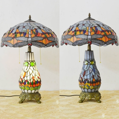 Vintage Tiffany Dragonfly Table Light Stained Glass Two Lights